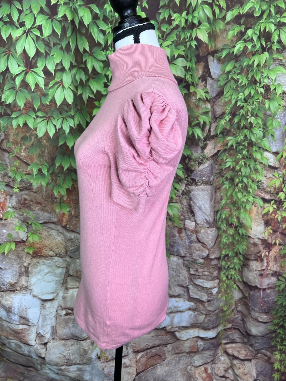 80 PARK Pink Turtleneck Ruched Puffy Short Sleeve Fitted Cottagecore Sweater, S - Picture 4 of 10